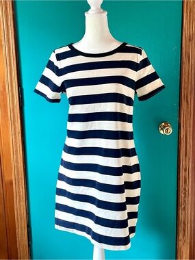 J Crew Navy and White Striped T-shirt short Sleeve Shift Dress.